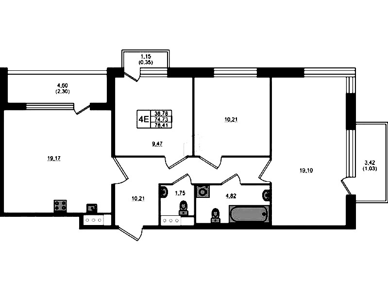 3-комнатная квартира 74.73 м², 5/5 эт., ЖК «Plus Пулковский»